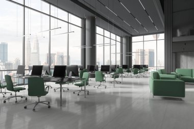 Gri iç mekan sandalyeler ve bilgisayar monitörleri ile yan görünüm. Kuala Lumpur 'da panoramik pencereli iş yeri ve dinlenme alanı. 3B görüntüleme