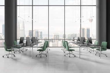 Minimalist iç mekan koltuklar ve dizili bilgisayar monitörleri, beyaz kiremit zemin. Kurumsal ofis çalışma alanı ve Kuala Lumpur gökdelenlerinin panoramik penceresi. 3B görüntüleme