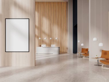 Şık bir iç mekan, şezlonglar, koltuklar ve kahve masası, bölmeli rahatlama alanı. Resepsiyonlu lobi girişi ve tuval posteri. 3B görüntüleme