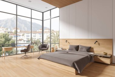 Beyaz ve ahşap yatak odası iç yatak odası ve çalışma alanı koltuklar ve dizüstü bilgisayarlar, yan manzara parke zemin. Masası ve tropik bölgelerde panoramik penceresi olan rahat bir köşe. 3B görüntüleme