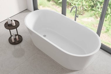 Evin banyo manzarası, küvet ve aksesuarlar, gri kiremit döşeme. Modern dairede banyo köşesi. Tropik bölgelerde panoramik pencere. 3B görüntüleme