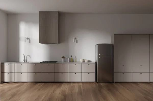 白い壁 木の床 調理器具およびシンクおよび快適な冷蔵庫で造られるベージュのキャビネットが付いている現代台所の内部 3Dレンダリング — ストック写真