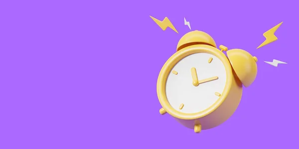 Cartoon yellow alarm clock ringing on empty copy space purple background, wake up symbol. Concept of deadline, reminder and last chance. 3D rendering illustration