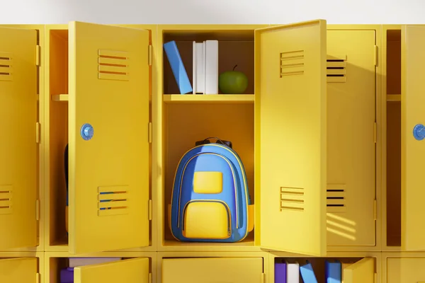 Open Metal Yellow Lockers Row Colorful Cartoon School Bag Books — Stock Photo, Image