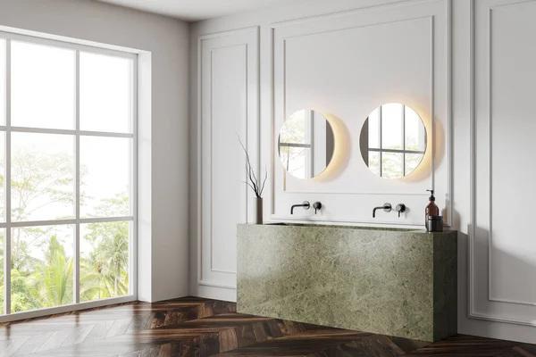 White Hotel Bathroom Interior Double Sink Stone Vanity Side View — Stock Photo, Image