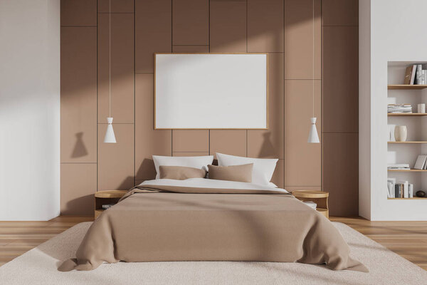 Home bedroom interior bed and shelf with decoration, carpet on hardwood floor. Relax and sleep room with mock up canvas poster on beige wall. 3D rendering