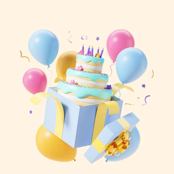 Gift Box Three Tier Cake Colorful Balloons Falling Confetti Concept — Stock Photo, Image