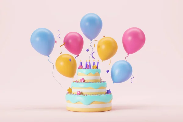 ライトキャンドルとピンクの背景に多色の風船を持つ大きな黄色と青の誕生日ケーキのビュー 子供と大人のための誕生日のお祝いとパーティーの概念 3Dレンダリング — ストック写真