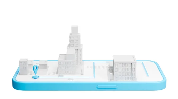 Gpsナビゲーションアプリと地図上のジオタグナビゲーションピンでスマートフォンディスプレイ上の白い都市の表示 衛星ナビゲーションアプリケーションの概念 3Dレンダリング — ストック写真