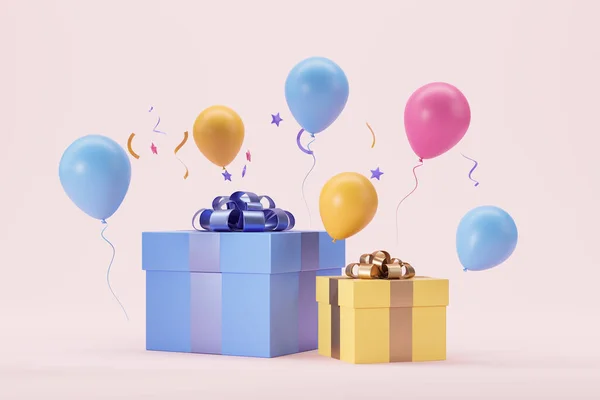 两个大的和小的礼品盒包着缎带 带着粉色背景的气球 礼物的概念 生日礼物和惊喜 3D渲染说明 — 图库照片