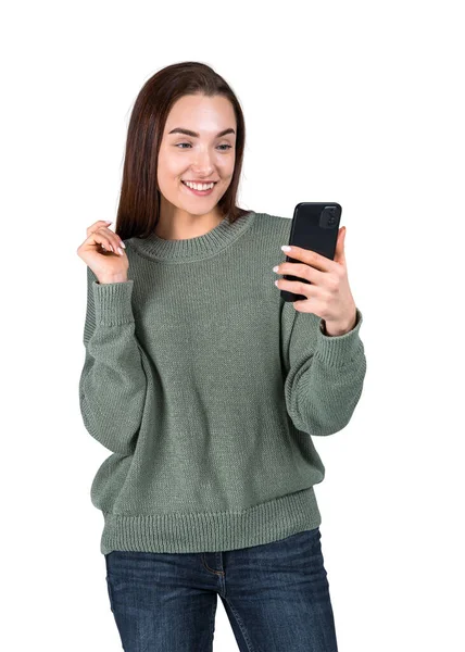 Young Woman Portrait Happy Smile Looking Smartphone Hand Isolated White — Stock Photo, Image