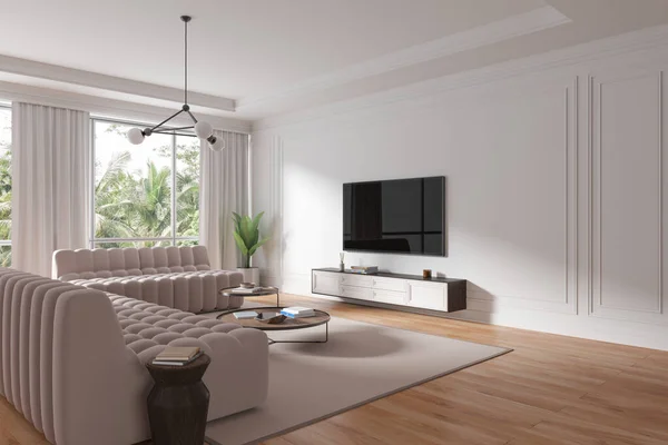 白色宾馆客厅内部有电视屏幕和餐具柜 侧面看米色沙发与咖啡桌和装饰硬木地板 舒适舒适的角落与全景窗 3D渲染 — 图库照片
