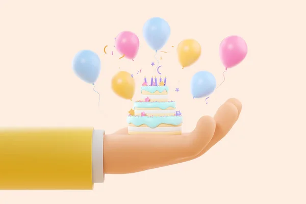 Rączka Człowieka Kreskówek Trzyma Tort Urodzinowy Zapalonymi Świecami Kolorowe Balony — Zdjęcie stockowe