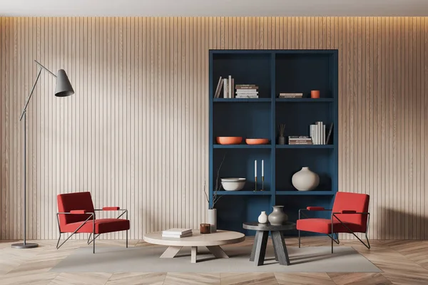 Moderne Wohnzimmereinrichtung Mit Zwei Roten Sesseln Couchtisch Auf Teppich Und — Stockfoto