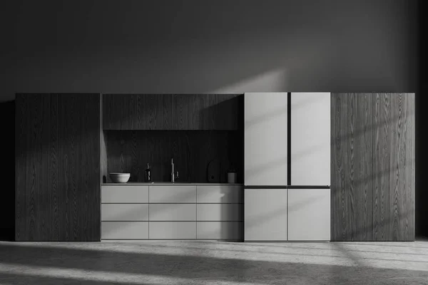 Σκούρο Εσωτερικό Σπίτι Κουζίνα Νεροχύτη Και Ψυγείο Μινιμαλιστικό Κρυμμένα Ράφια — Φωτογραφία Αρχείου