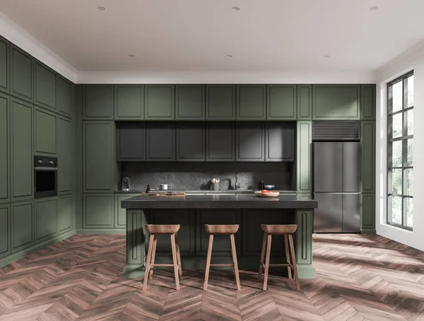 Dark Home Kitchen Interior Bar Countertop Stool Hardwood Floor Eating — Stock Photo, Image