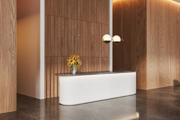 Interieur Einer Modernen Bürohalle Mit Weißen Und Hölzernen Wänden Steinboden — Stockfoto