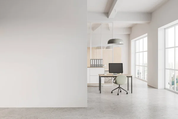 Interieur Eines Modernen Großraumbüros Mit Weißen Und Gläsernen Wänden Betonboden — Stockfoto