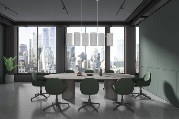 Dunkles Business Interieur Mit Konferenztisch Und Stühlen Grauer Betonboden Besprechungsraum — Stockfoto