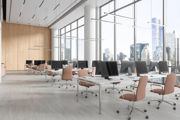 Open space white business loft interior with office chairs in row, side view desk with pc computer on tile floor. Coworking corner and panoramic window on New York skyscrapers. 3D rendering