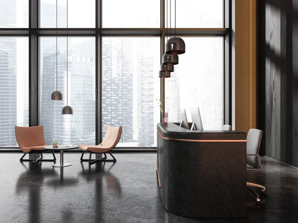 Dunkles Business Interieur Mit Loungebereich Sesseln Mit Couchtisch Schreibtisch Mit — Stockfoto