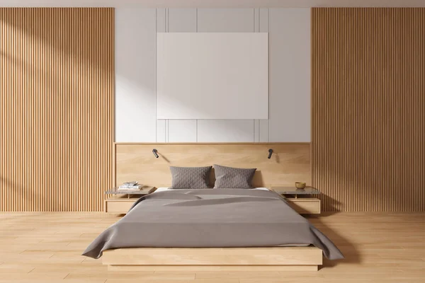 Interior Modern Bedroom White Wooden Walls Wooden Floor Comfortable King — Stock Photo, Image