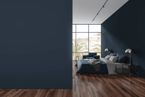 Blue Hotel Bedroom Interior Bed Armchair Hardwood Floor Minimalist Sleeping — Stock Photo, Image