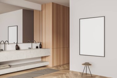 Parlak banyo manzarası boş beyaz poster, beyaz duvarlar, meşe ağacından ahşap döşeme, büyük ayna ve çift lavabo, havlularla dolu tabure. Model yap. 3d oluşturma