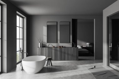 İçinde küvet, çift lavabo ve aksesuarlar olan karanlık bir otel odası. Yatağı ve dekorasyonu olan uyku alanı, kırsal manzaralı panoramik pencere. 3B görüntüleme