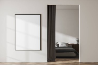 Beyaz yatak odası, iç yatak odası, dekorasyon, perdeler ve ahşap döşemeli komodin. Girişten önce çadır bezi posterini hazırla. 3B görüntüleme