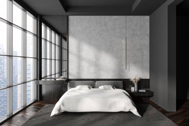 Karanlık yatak odasının içini yatak odası, yatak odası, yastık, boş beton duvar, meşe ağacından ahşap döşeme, ayna, Singapur manzaralı panoramik pencere. Minimalist tasarım kavramı. 3d oluşturma