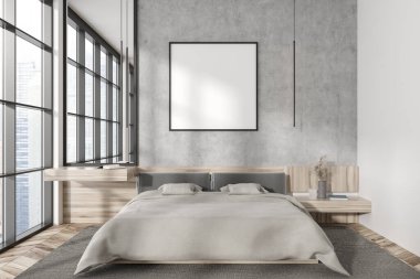 Parlak yatak odasının içini boş beyaz poster, yatak odası, yastık, beton duvar, ahşap zemin, ayna, şehir manzaralı panoramik pencere. Minimalist tasarım. Model yap. 3d oluşturma