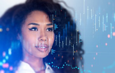 Afrikalı iş kadını portresi, çift pozlama borsa dinamiği, şamdanlı Forx hologramı. Danışmanlık ve ticaret kavramı.