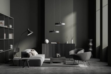 Oturma odasının içinde kanepe, iki koltuk, şifonyer, sehpa ve sanat dekorasyonlu raflar var. Gri beton zeminde halısı olan toplantı alanı. 3B görüntüleme