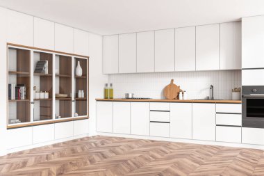 Parlak mutfak odasının iç tarafında dolap, beyaz duvar, ahşap zemin, lavabo, gaz ocağı, fırın, masalar, havlu, yağ, kaşık, raflardaki kitaplar. Minimalist tasarım kavramı. 3d oluşturma