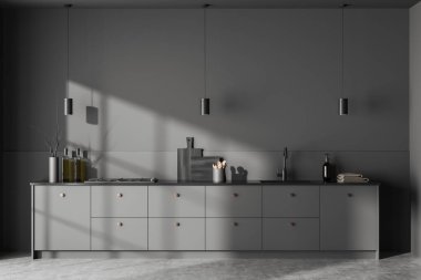 Güvertede mutfak gereçleri, gri beton zemin. Minimalist aletlerle yemek pişirme alanı ve dekorlu gizli tasarım. 3B görüntüleme