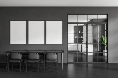 Oturma odasının içinde yemek masası ve yemek pişirme alanı olan cam kapılar var. Mutfak malzemeli raflar, gri beton zemin. Üç tane çadır bezi afişi. 3B görüntüleme