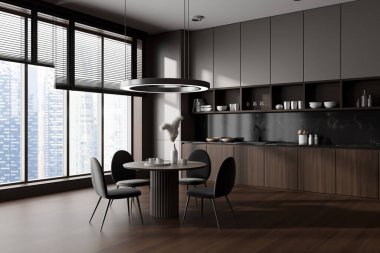Koyu mutfak odasının iç tarafında yemek masası, sandalyeler, kahverengi duvar, meşe ağacından ahşap döşeme, lavabo, kırsal manzaralı panoramik pencere. Minimalist tasarım kavramı. 3d oluşturma