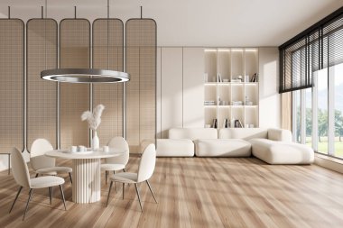 Parlak stüdyo odasının önü yemek masası, sandalyeler, kanepe, beyaz duvar, meşe ağacından ahşap zemin, kırsal manzaralı panoramik pencere. Minimalist tasarım kavramı. 3d oluşturma