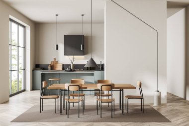 Parlak mutfak odasının önü dolap, panoramik pencere, beyaz duvar, meşe ağacından ahşap zemin, yemek masası, sandalyeler, kemer, halı, kaşıklar, lavabo. Minimalist tasarım kavramı. 3d oluşturma