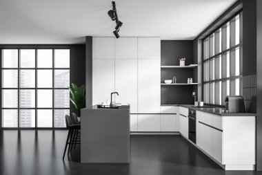 Bar adası ve koltuklu siyah beyaz mutfak. Modern mutfak gereçleri ve rafları olan yemek pişirme alanı, şehir manzarasında panoramik pencere. 3B görüntüleme