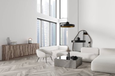 Beyaz oturma odasının içi kanepe ve koltuk, yan görüş sehpası ve dekorasyonu az olan bir çekmece. Singapur gökdelenlerinin panoramik penceresi. 3B görüntüleme