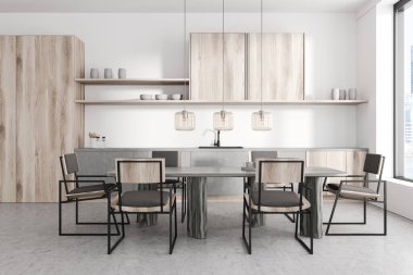 Parlak mutfak odasının önü yemek masası, sandalyeler, beyaz duvar, beton zemin, panoramik pencere, lavabo, kaşıklar, raflarda tabaklar. Minimalist tasarım kavramı. 3d oluşturma