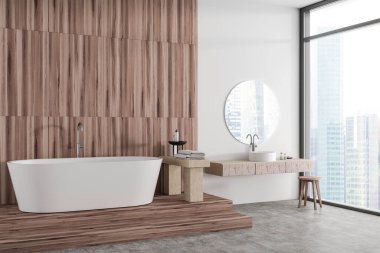 Beyaz otel banyosu, ahşap kürsüde küvet, yan görüş lavabosu ve minimalist banyo aksesuarları. Gökdelenlerin panoramik penceresi. Uzay ahşap duvarını kopyala. 3B görüntüleme