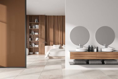 Rahat bir otel odası, dinlenme alanı, yatak ve süslemeli raf. Çift lavabo ve banyo aksesuarları, açık beton döşeme. 3B görüntüleme