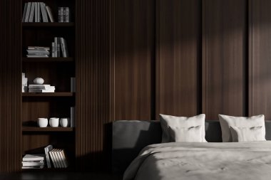 Karanlık yatak odası manzarası, yatak odası, ahşap duvar, gardırop, kitaplarla dolu raflar ve çanak çömlek. Minimalist tasarım kavramı. Rahatlamak ve dinlenmek için yer var. 3d oluşturma
