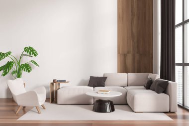 Parlak oturma odasının önü kanepe, koltuk, kitaplı kahve masası, beyaz duvar, beton zemin, şehir gökdelenleri olan panoramik pencere. Minimalist tasarım kavramı. 3d oluşturma