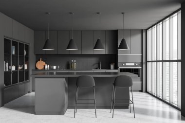 Karanlık mutfak odasının önü dolap, panoramik pencere, gri duvar, kitaplıklar, beton zemin, lavabo, bar taburesi, fırın, yağ ile kaplı ada. Minimalist tasarım kavramı. 3d oluşturma