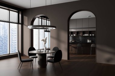 Kahverengi mutfak, yemek masası ve sandalyeler, yan manzaralı kemer kapılar bar adası ve mutfak eşyaları olan yemek pişirme alanına. Singapur gökdelenlerinin panoramik penceresi. 3B görüntüleme