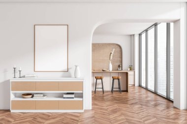 Beyaz mutfak içi büfe ve dekorasyonla dolu bar adası sandalyeler ve mutfak gereçleriyle dolu. Şehir manzarasında panoramik pencere. Tuvalin maketi posteri. 3B görüntüleme